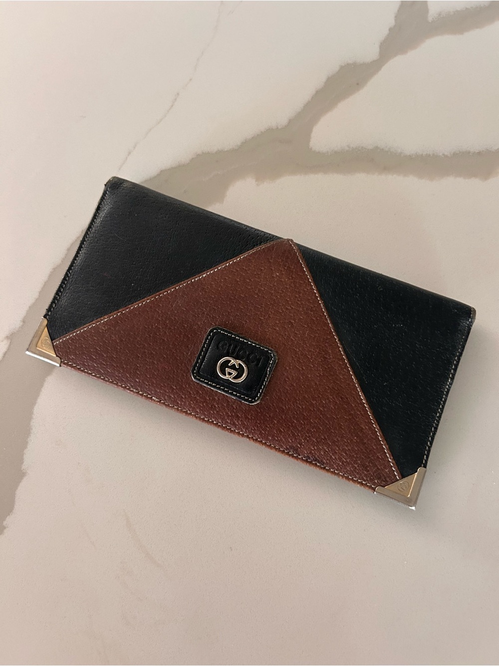 Gucci Black and Brown Leather Envelope Wallet with Gold Corners